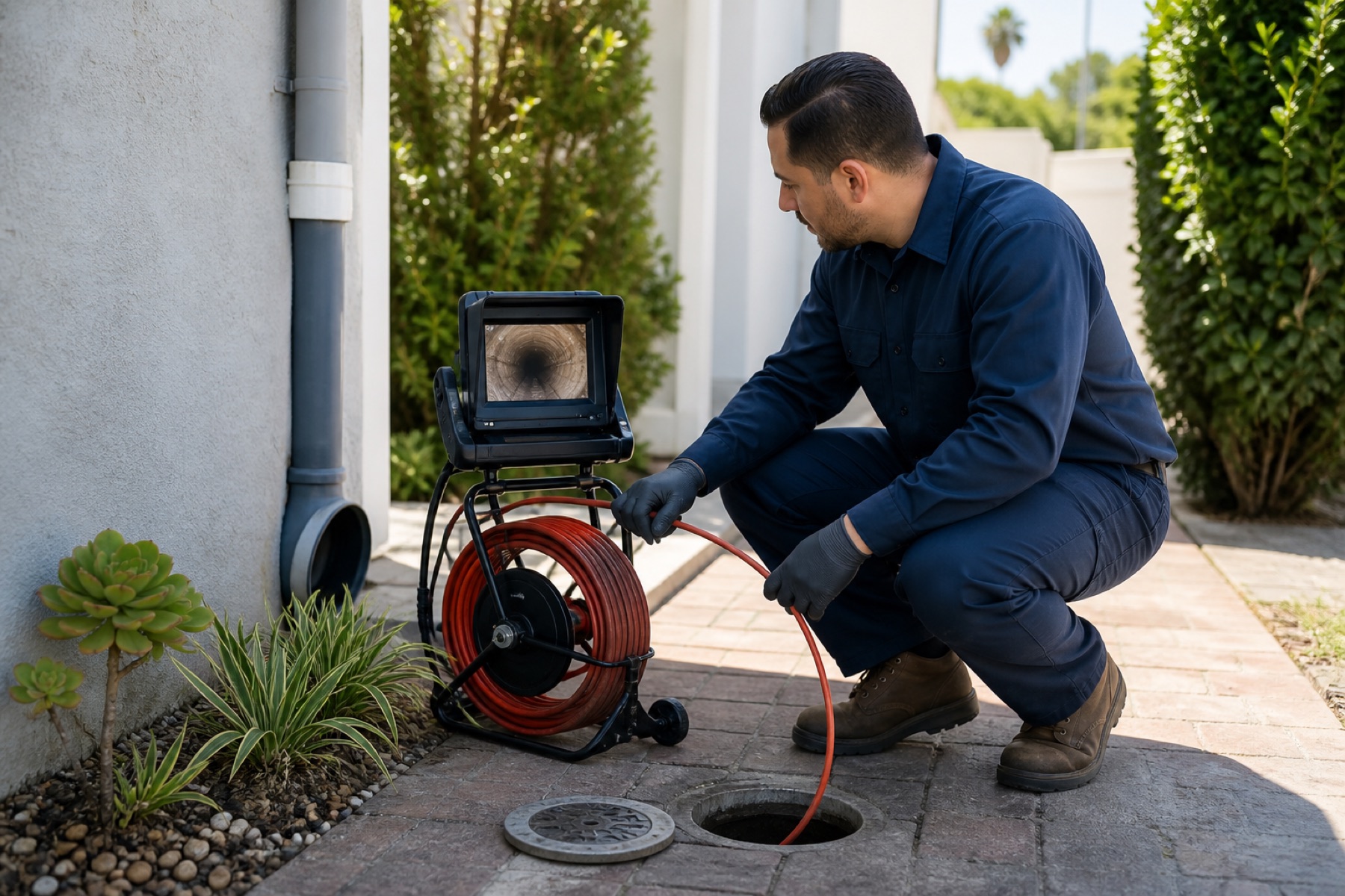 Drain technician reviewing a sewer camera inspection monitor