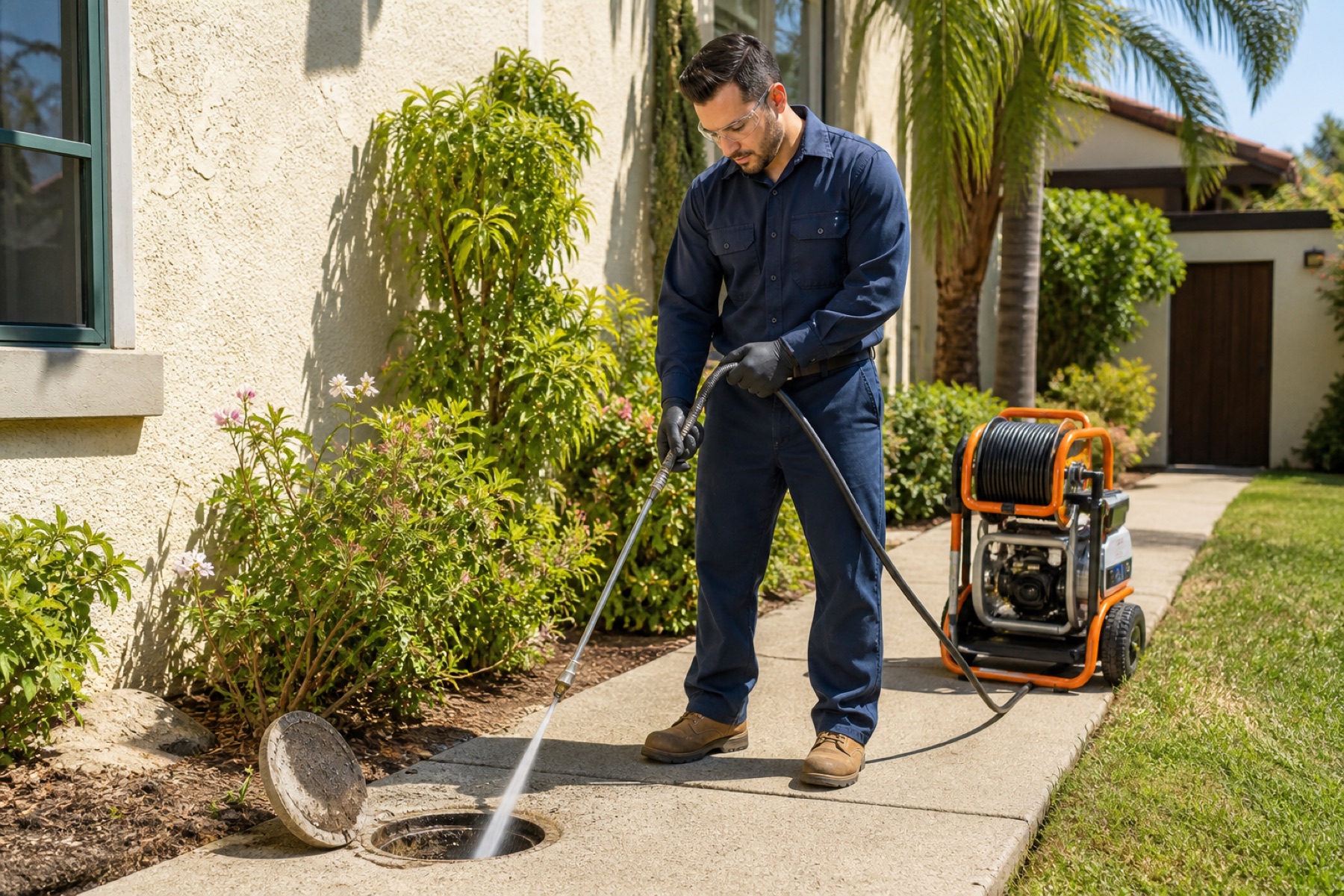Drain technician using hydro jetting equipment at an outdoor cleanout