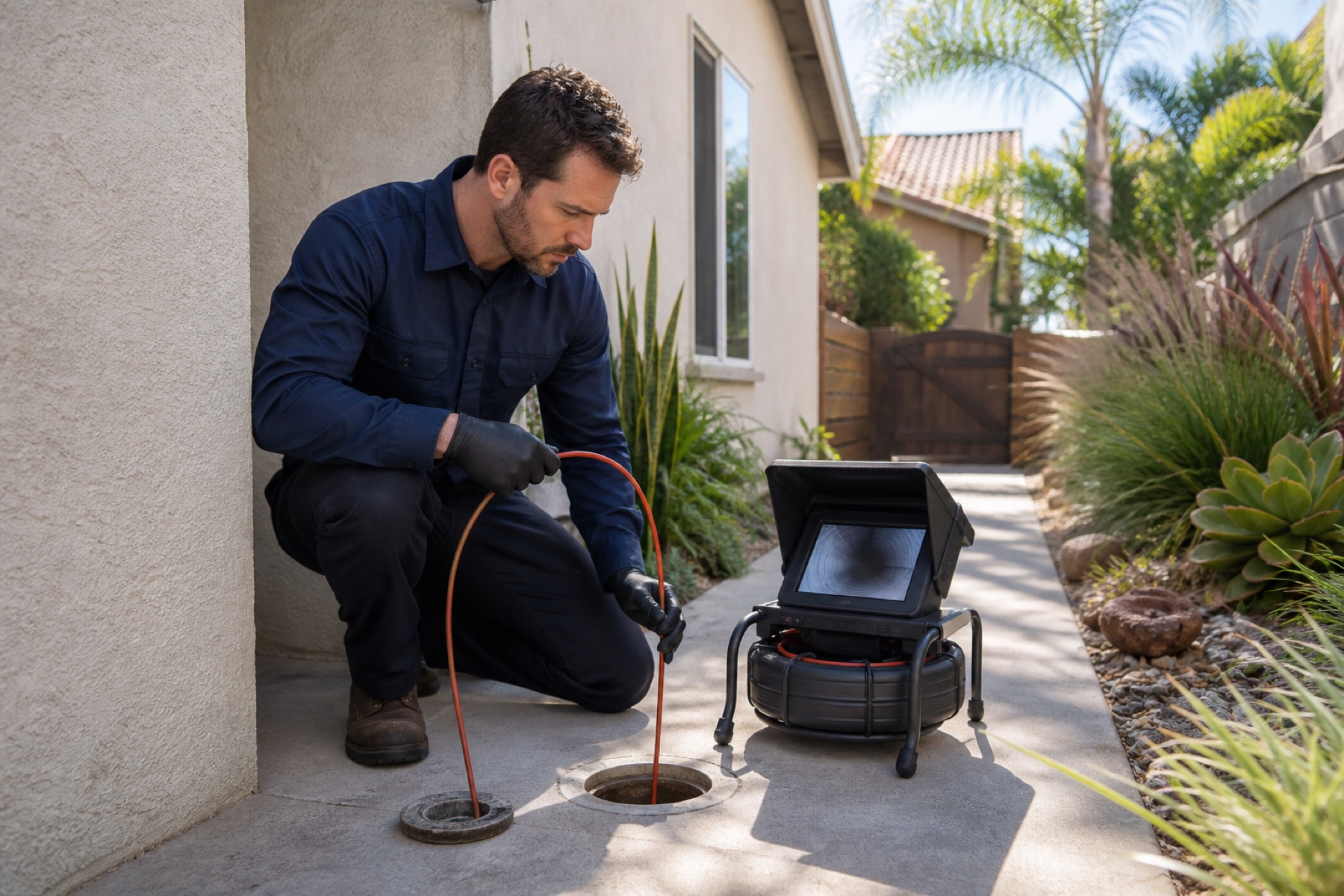 Technician using a sewer camera inspection system at an exterior cleanout
