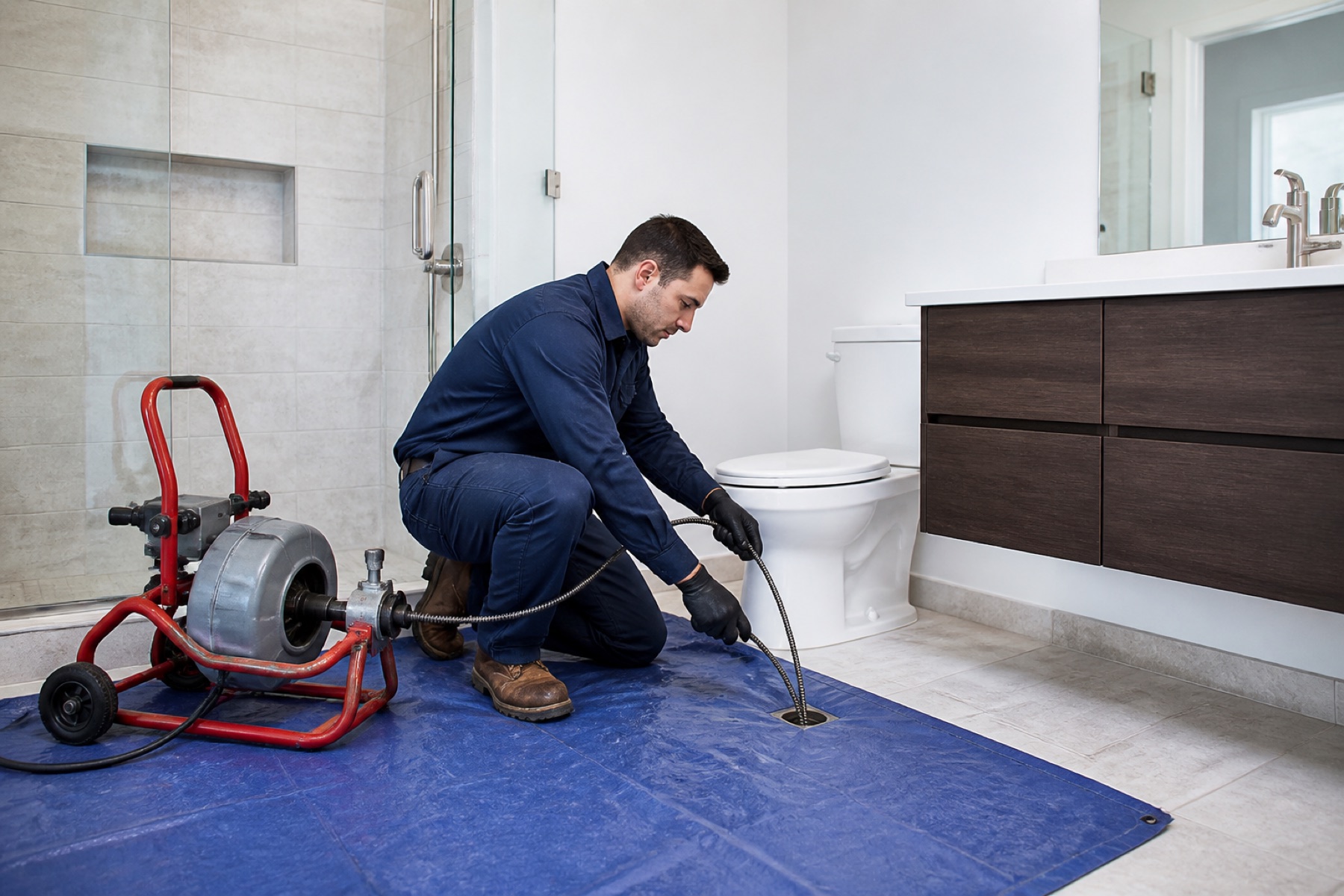 Technician using a drain cleaning machine in a residential bathroom