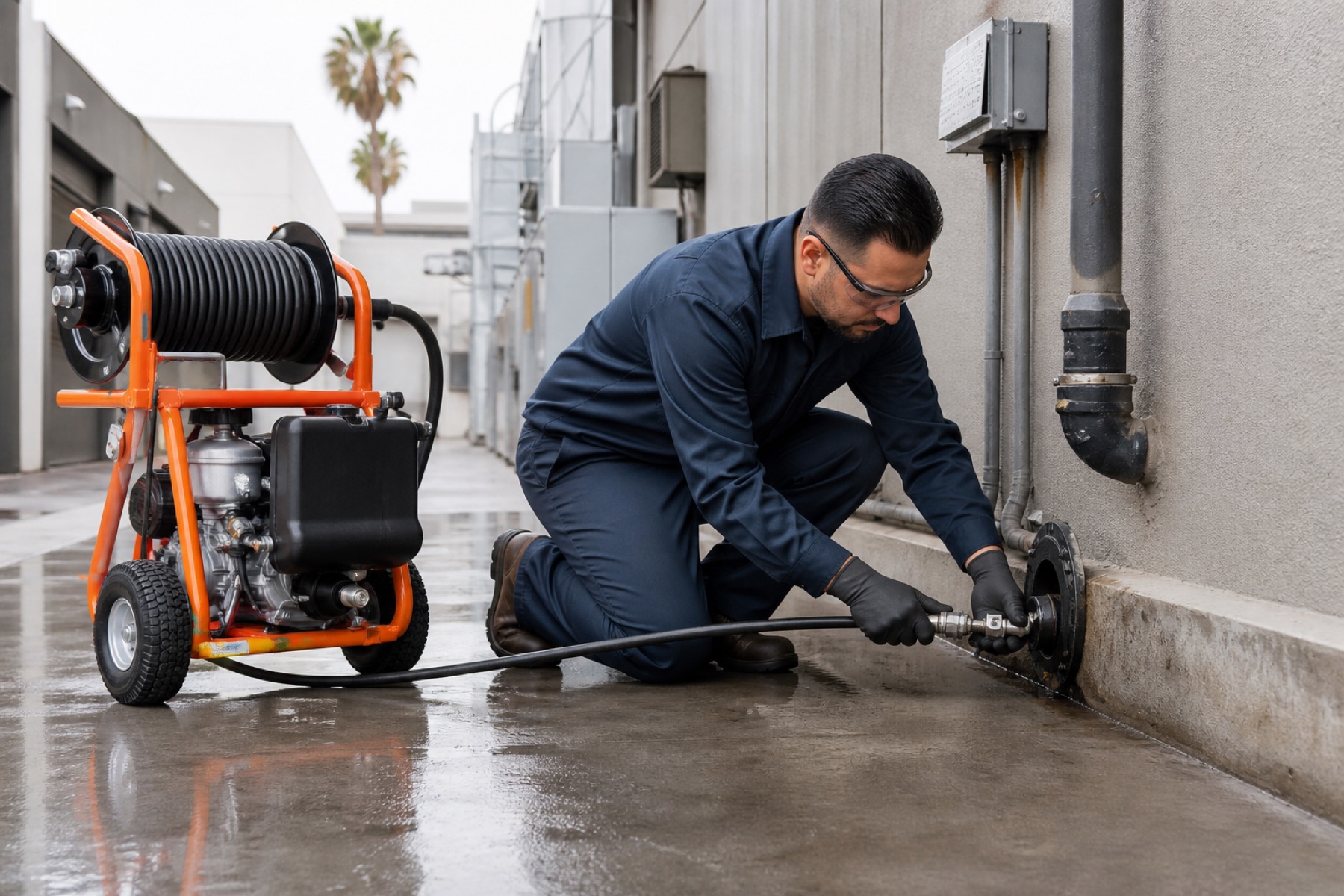 Technician connecting hydro jetting equipment at a commercial drain line