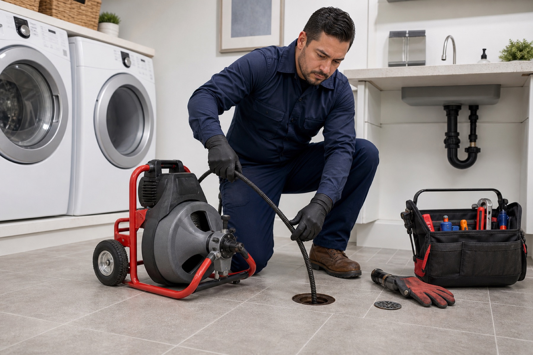 Drain technician using a drain cleaning machine in a utility room